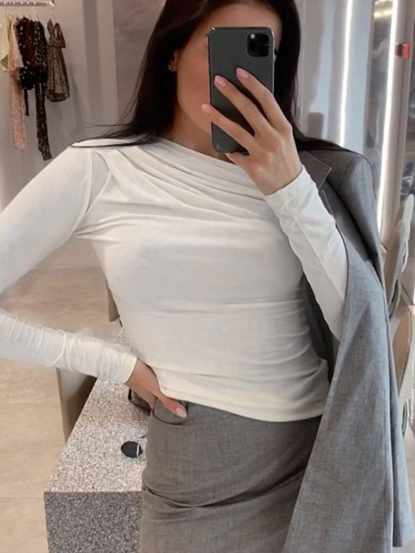 Blue Zone Planet | Solid Color Versatile Round Neck Pleated Long Sleeve Inner Slim Fit T-Shirt