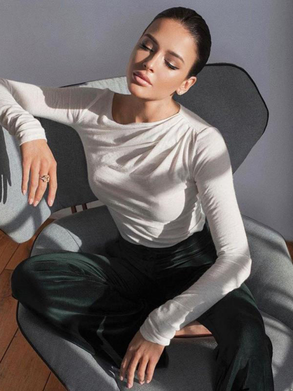 Blue Zone Planet | Solid Color Versatile Round Neck Pleated Long Sleeve Inner Slim Fit T-Shirt