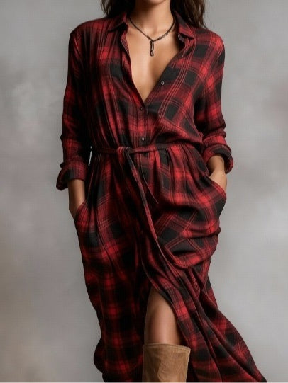 Women's Elegant Red Plaid Lapel Button-Down Shirt Maxi Dress - Versatile for Casual & Formal Occasions