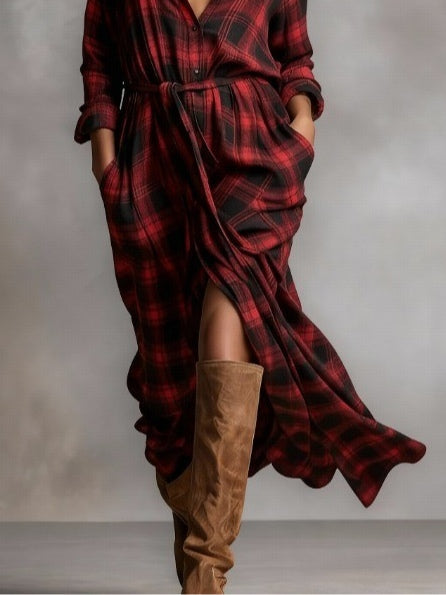 Women's Elegant Red Plaid Lapel Button-Down Shirt Maxi Dress - Versatile for Casual & Formal Occasions