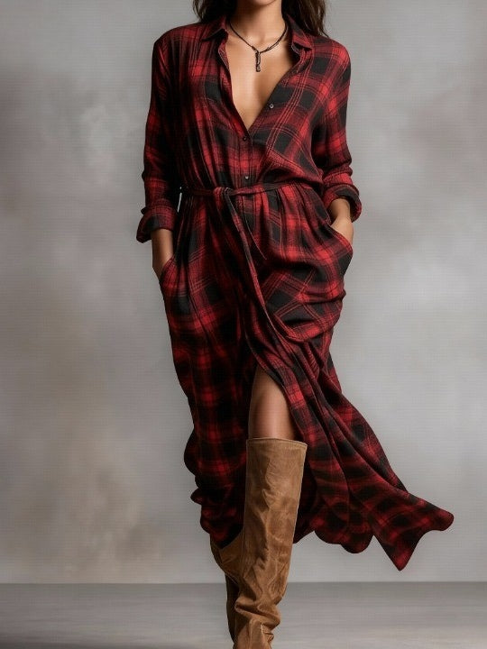 Women's Elegant Red Plaid Lapel Button-Down Shirt Maxi Dress - Versatile for Casual & Formal Occasions