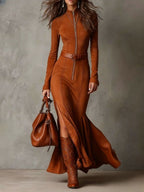 Vintage Brown Zipper Belted PU Suede Maxi Dress with Slit - Includes Belt