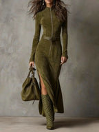 Vintage Brown Zipper Belted PU Suede Maxi Dress with Slit - Includes Belt