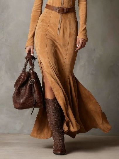 Vintage Camel Zipper Belted Maxi Dress with Included Belt - Soft PU Suede, Fitted Bodice, High Slit, Seasonless Styling