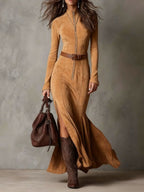 Vintage Camel Zipper Belted Maxi Dress with Included Belt - Soft PU Suede, Fitted Bodice, High Slit, Seasonless Styling