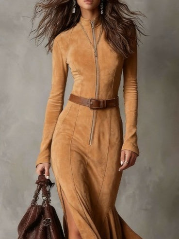 Vintage Camel Zipper Belted Maxi Dress with Included Belt - Soft PU Suede, Fitted Bodice, High Slit, Seasonless Styling