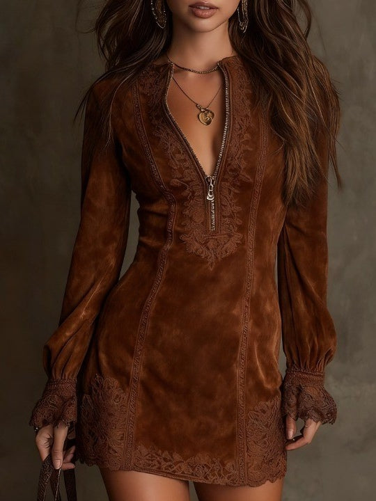 Stunning Vintage Blue Suede Mini Dress with Delicate Lace Trim - Retro Chic Fashion