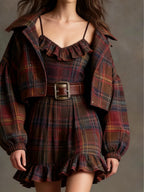 Women's Vintage Plaid Ruffle Mini Dress with Loose Jacket Set - Belt Included - Versatile & Stylish Outfit