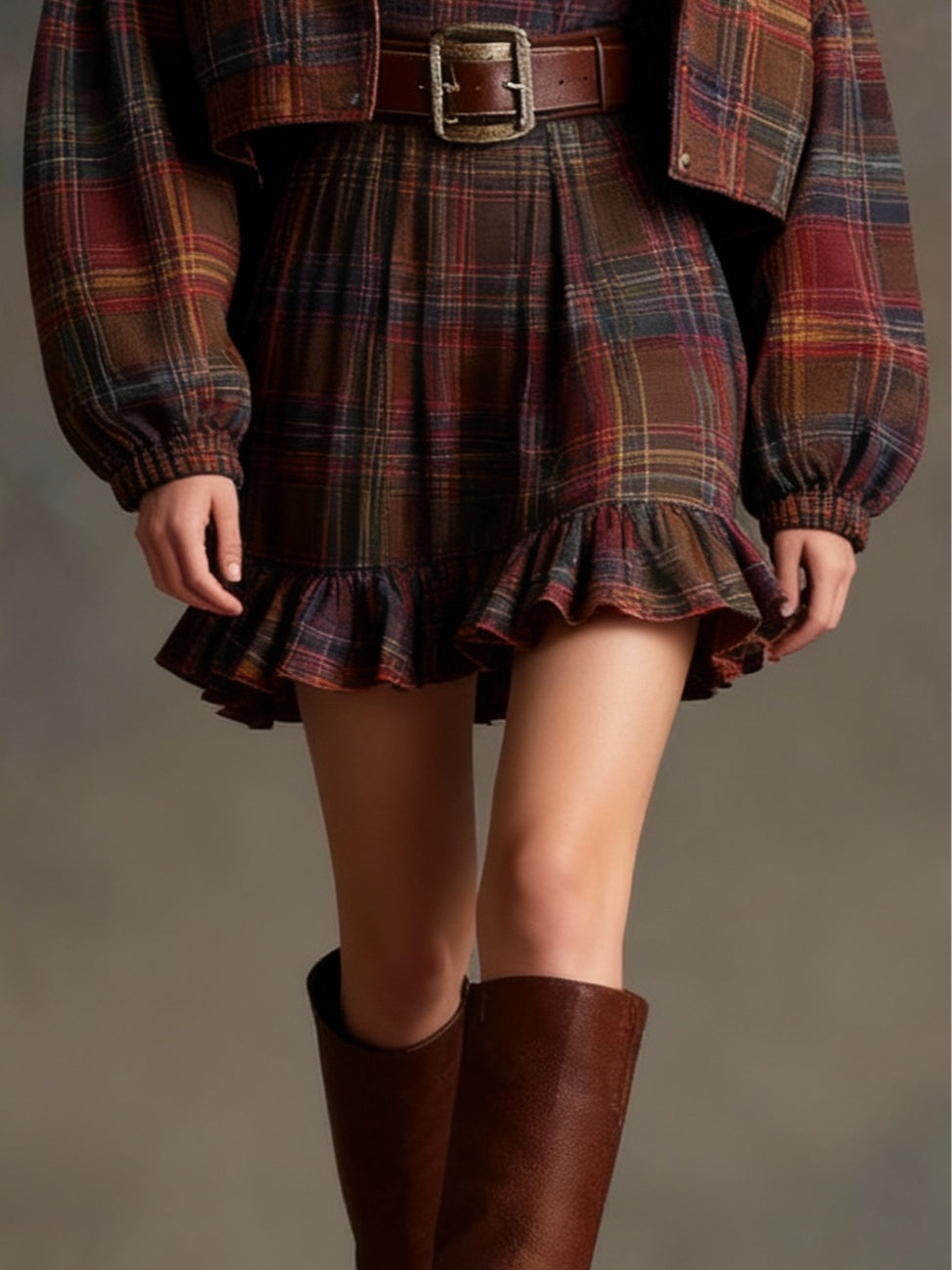Women's Vintage Plaid Ruffle Mini Dress with Loose Jacket Set - Belt Included - Versatile & Stylish Outfit