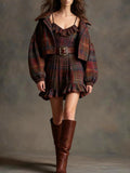 Women's Vintage Plaid Ruffle Mini Dress with Loose Jacket Set - Belt Included - Versatile & Stylish Outfit