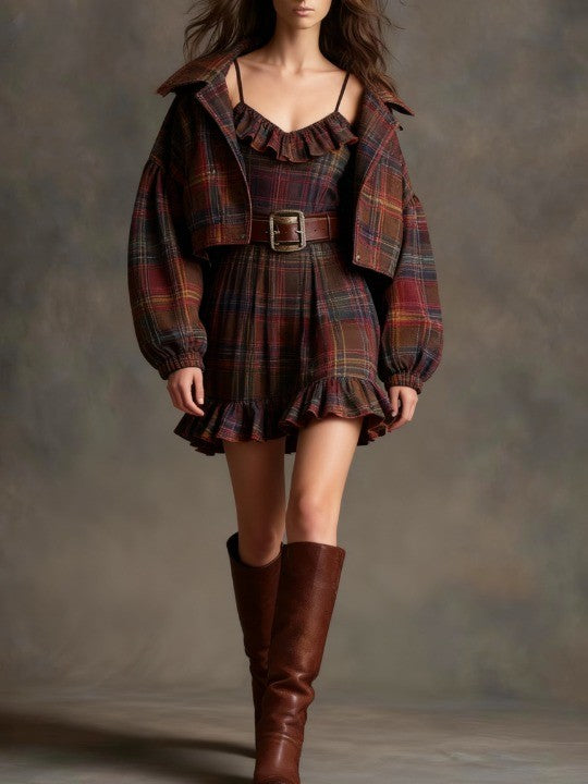Women's Vintage Plaid Ruffle Mini Dress with Loose Jacket Set - Belt Included - Versatile & Stylish Outfit