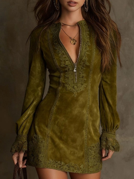 Stunning Vintage Blue Suede Mini Dress with Delicate Lace Trim - Retro Chic Fashion