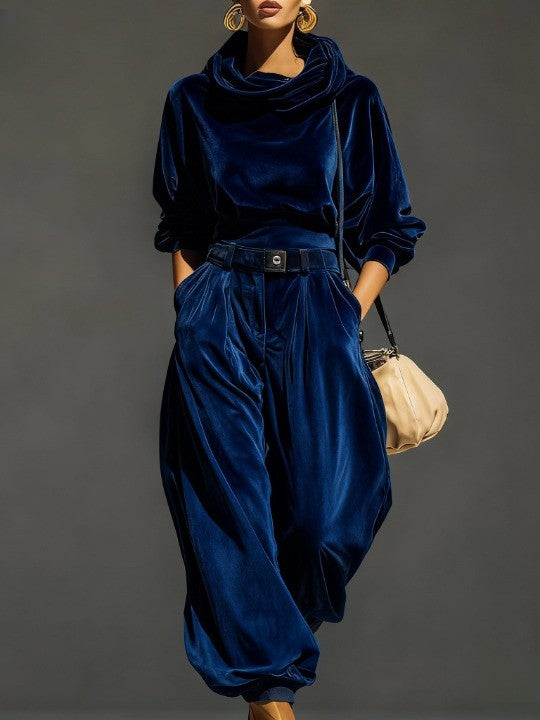 Luxury Vintage Brown Velvet Hoodie & Loose-Fit Trousers Set with Belt - Comfortable & Stylish Loungewear