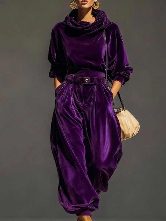 Luxury Vintage Brown Velvet Hoodie & Loose-Fit Trousers Set with Belt - Comfortable & Stylish Loungewear