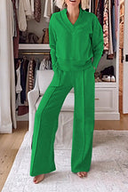 Women's Casual Solid Color V-Neck Top and Pants Two-Piece Set - Comfortable Cotton Loungewear