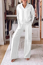 Women's Casual Solid Color V-Neck Top and Pants Two-Piece Set - Comfortable Cotton Loungewear