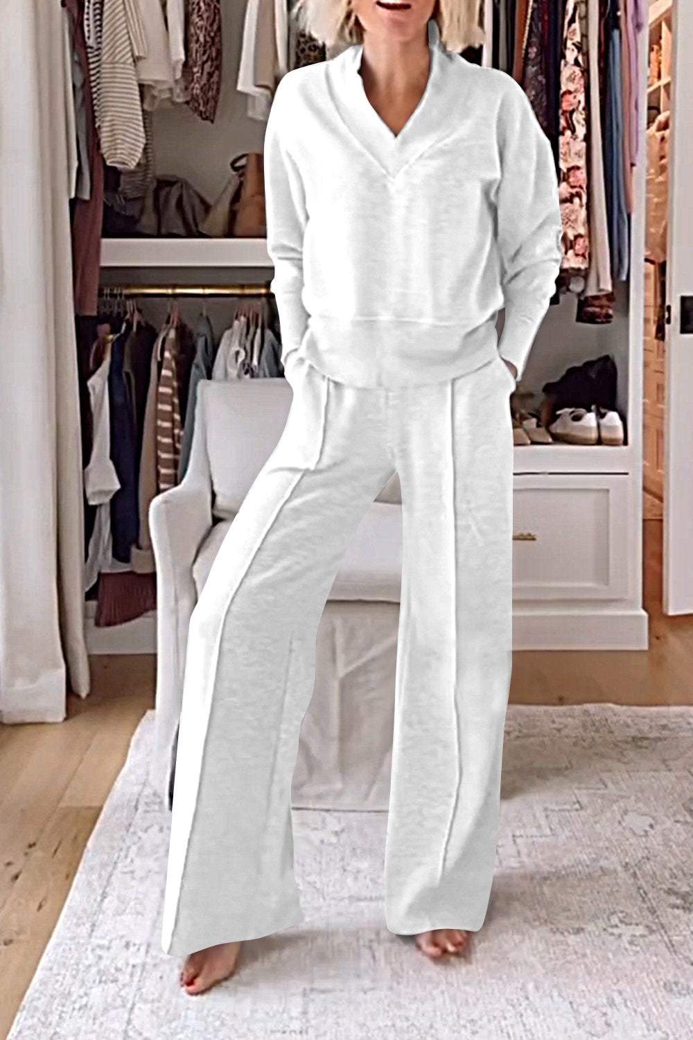 Women's Casual Solid Color V-Neck Top and Pants Two-Piece Set - Comfortable Cotton Loungewear