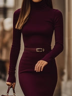 Sleek Burgundy High-Stretch Cotton Dress with Turtleneck