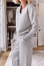Women's Casual Solid Color V-Neck Top and Pants Two-Piece Set - Comfortable Cotton Loungewear