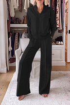 Women's Casual Solid Color V-Neck Top and Pants Two-Piece Set - Comfortable Cotton Loungewear