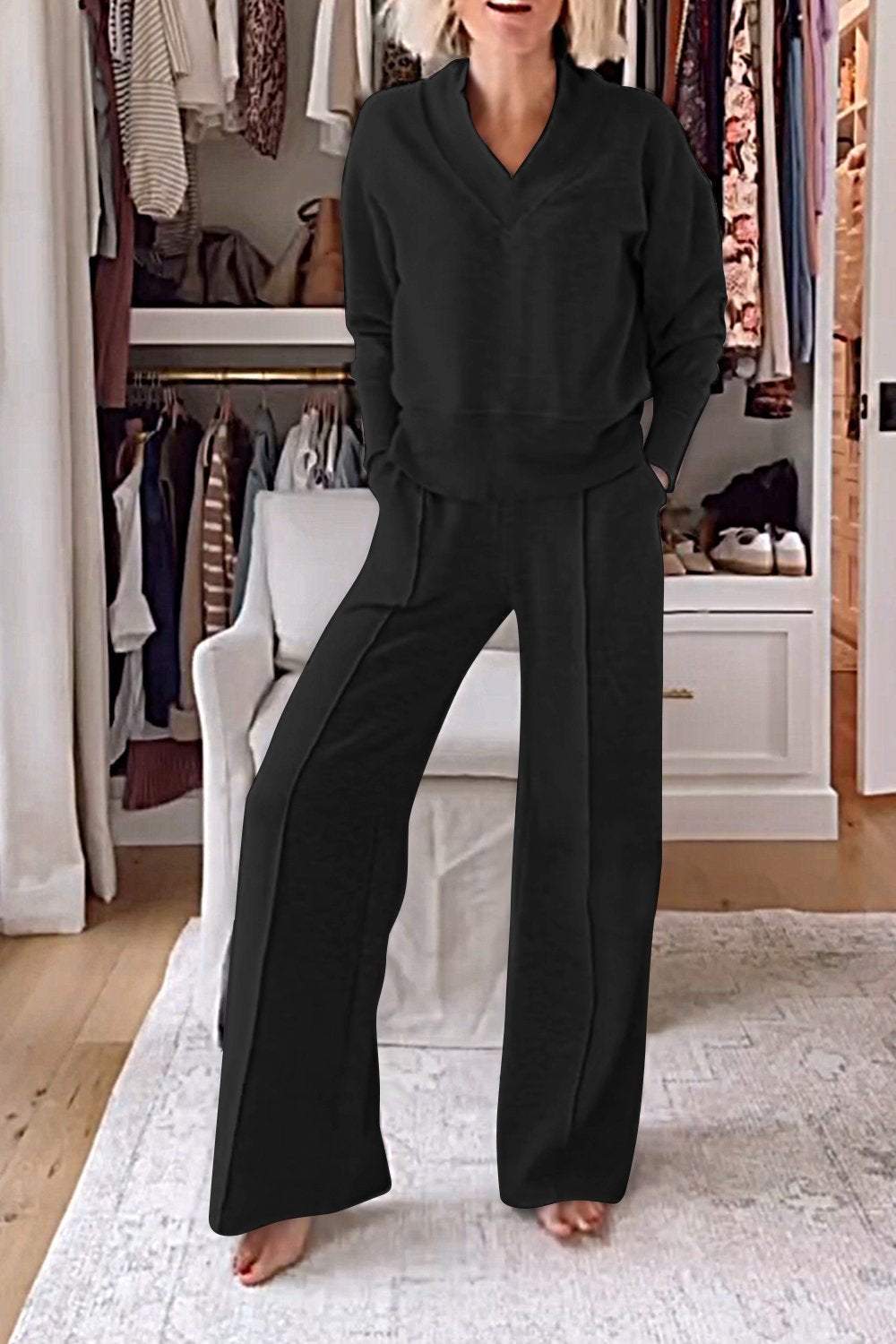 Women's Casual Solid Color V-Neck Top and Pants Two-Piece Set - Comfortable Cotton Loungewear