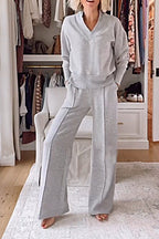 Women's Casual Solid Color V-Neck Top and Pants Two-Piece Set - Comfortable Cotton Loungewear