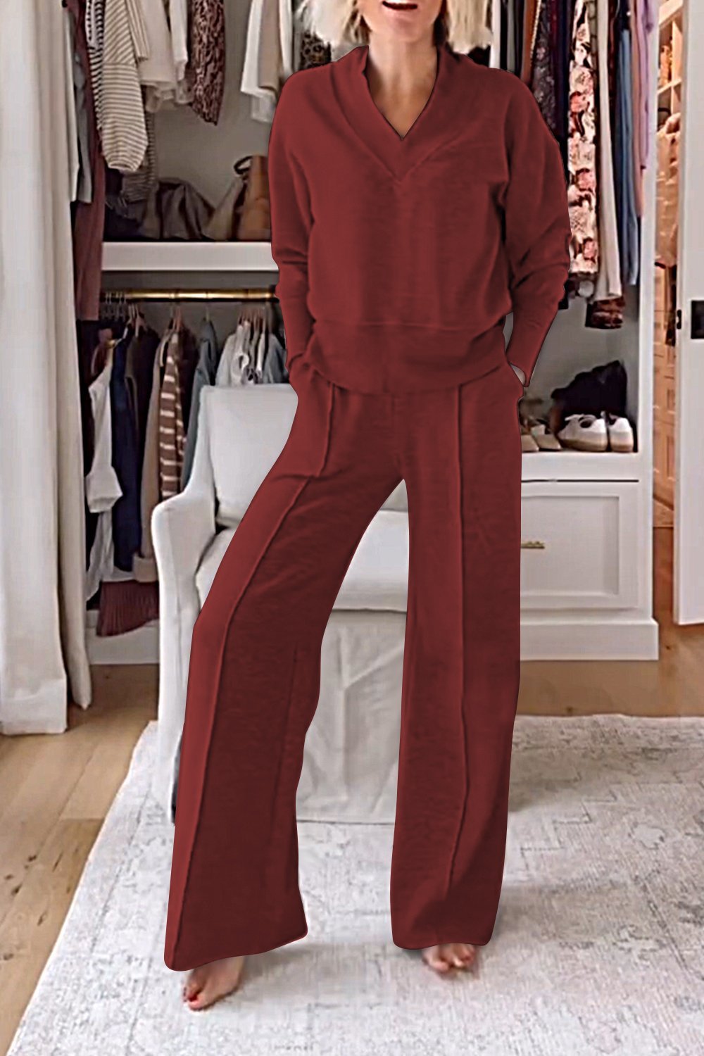 Women's Casual Solid Color V-Neck Top and Pants Two-Piece Set - Comfortable Cotton Loungewear
