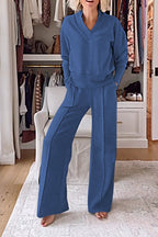Women's Casual Solid Color V-Neck Top and Pants Two-Piece Set - Comfortable Cotton Loungewear
