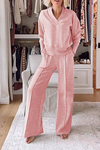 Women's Casual Solid Color V-Neck Top and Pants Two-Piece Set - Comfortable Cotton Loungewear