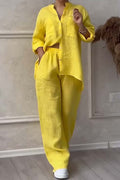 Men's Casual Solid Color Cotton and Linen Lapel Long Sleeve Two-Piece Set