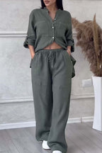 Men's Casual Solid Color Cotton and Linen Lapel Long Sleeve Two-Piece Set