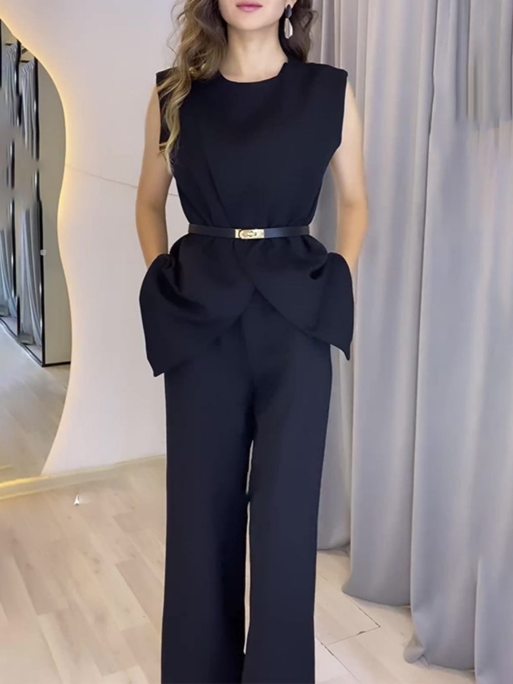 Chic Round Neck Sleeveless Top & Wide-Leg Pants Suit - Elegant Polyester Set