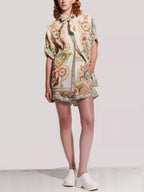 Summer Linen Graffiti Print Lapel Shorts Set - Casual & Stylish