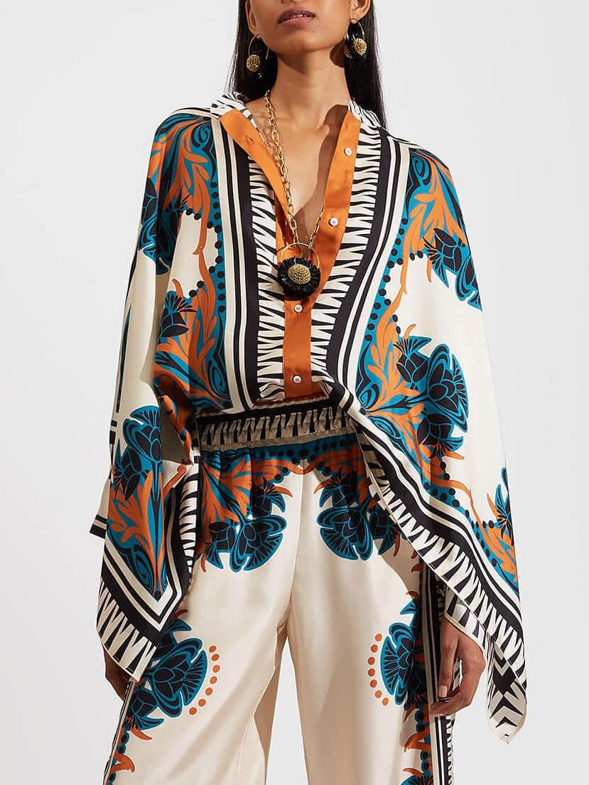 Elegant Floral Print Batwing Sleeve Shirt and Pants Set - Luxurious Satin Loungewear