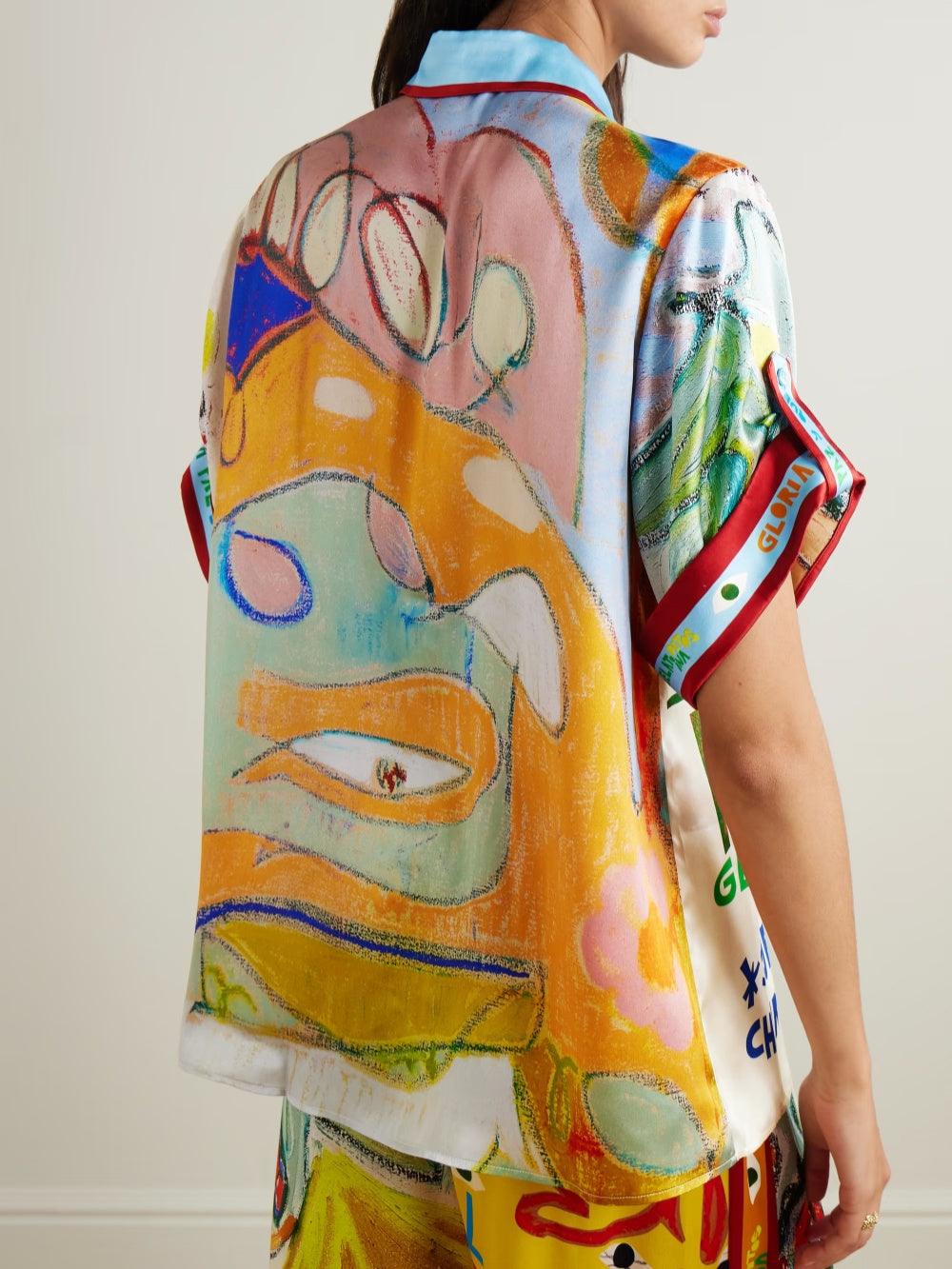 Nadia Hernandez Art Print Linen Blend Shirt & Elastic Waist Trouser Set - Relaxed Fit Vacation Wear