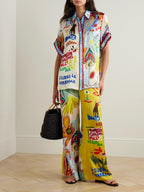 Nadia Hernandez Art Print Linen Blend Shirt & Elastic Waist Trouser Set - Relaxed Fit Vacation Wear