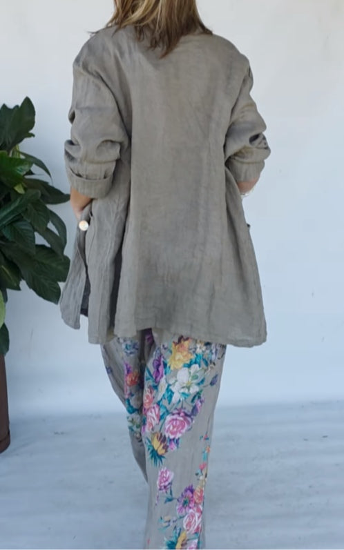 Stylish Green Jacket with Floral Print Wide-Leg Pants Set for Everyday Casual Wear