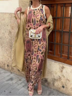 Elegant Printed Two-Piece Maxi Dress with Cape - Polyester Blend