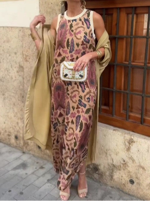 Elegant Printed Two-Piece Maxi Dress with Cape - Polyester Blend