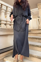 Elegant Long-Sleeved Tie-Drawstring Shirt and Skirt Set - Casual & Chic for Everyday & Vacation