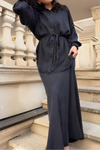 Elegant Long-Sleeved Tie-Drawstring Shirt and Skirt Set - Casual & Chic for Everyday & Vacation