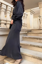 Elegant Long-Sleeved Tie-Drawstring Shirt and Skirt Set - Casual & Chic for Everyday & Vacation