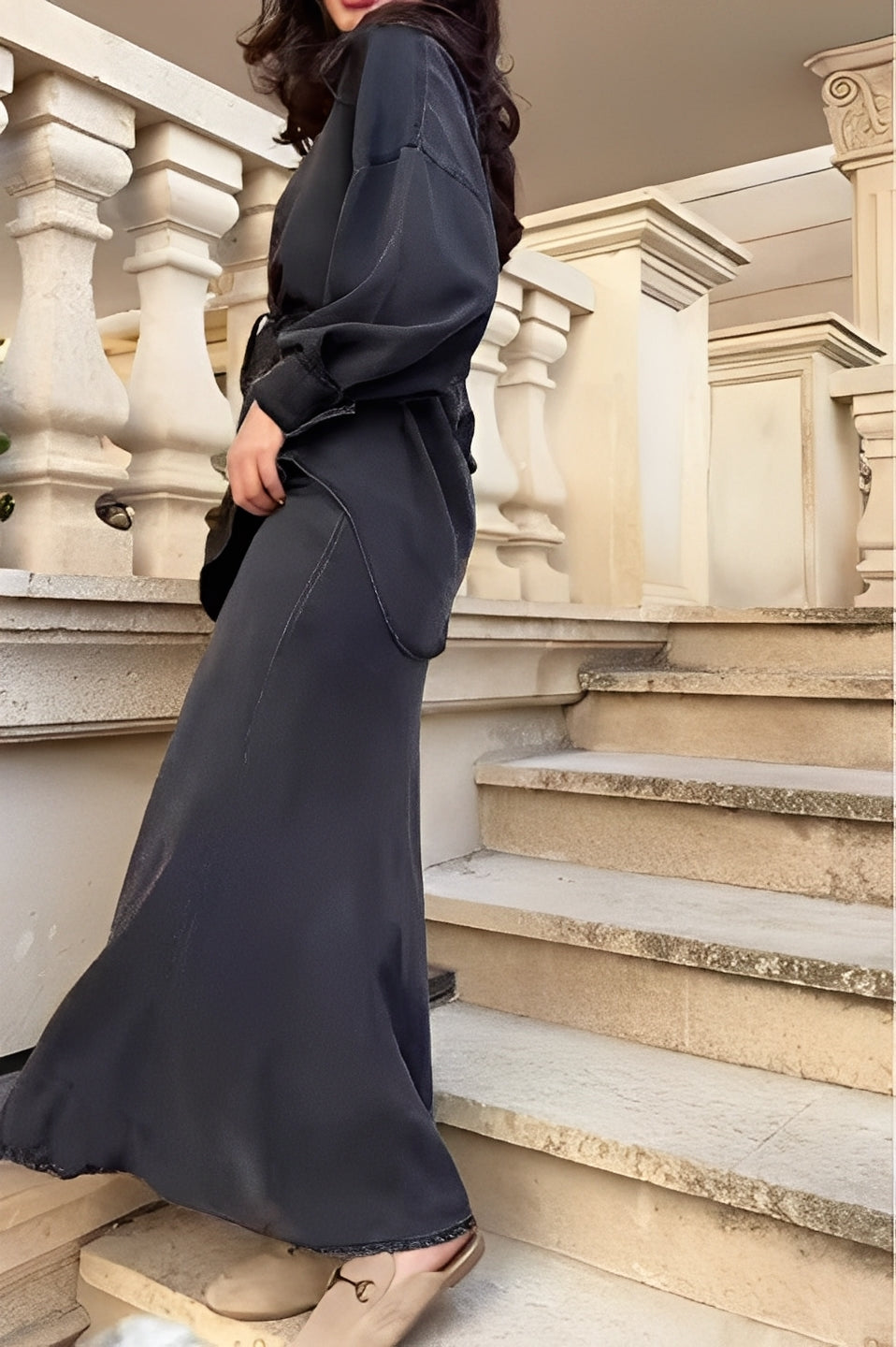 Elegant Long-Sleeved Tie-Drawstring Shirt and Skirt Set - Casual & Chic for Everyday & Vacation
