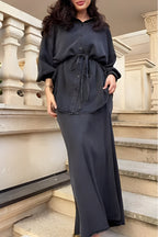 Elegant Long-Sleeved Tie-Drawstring Shirt and Skirt Set - Casual & Chic for Everyday & Vacation