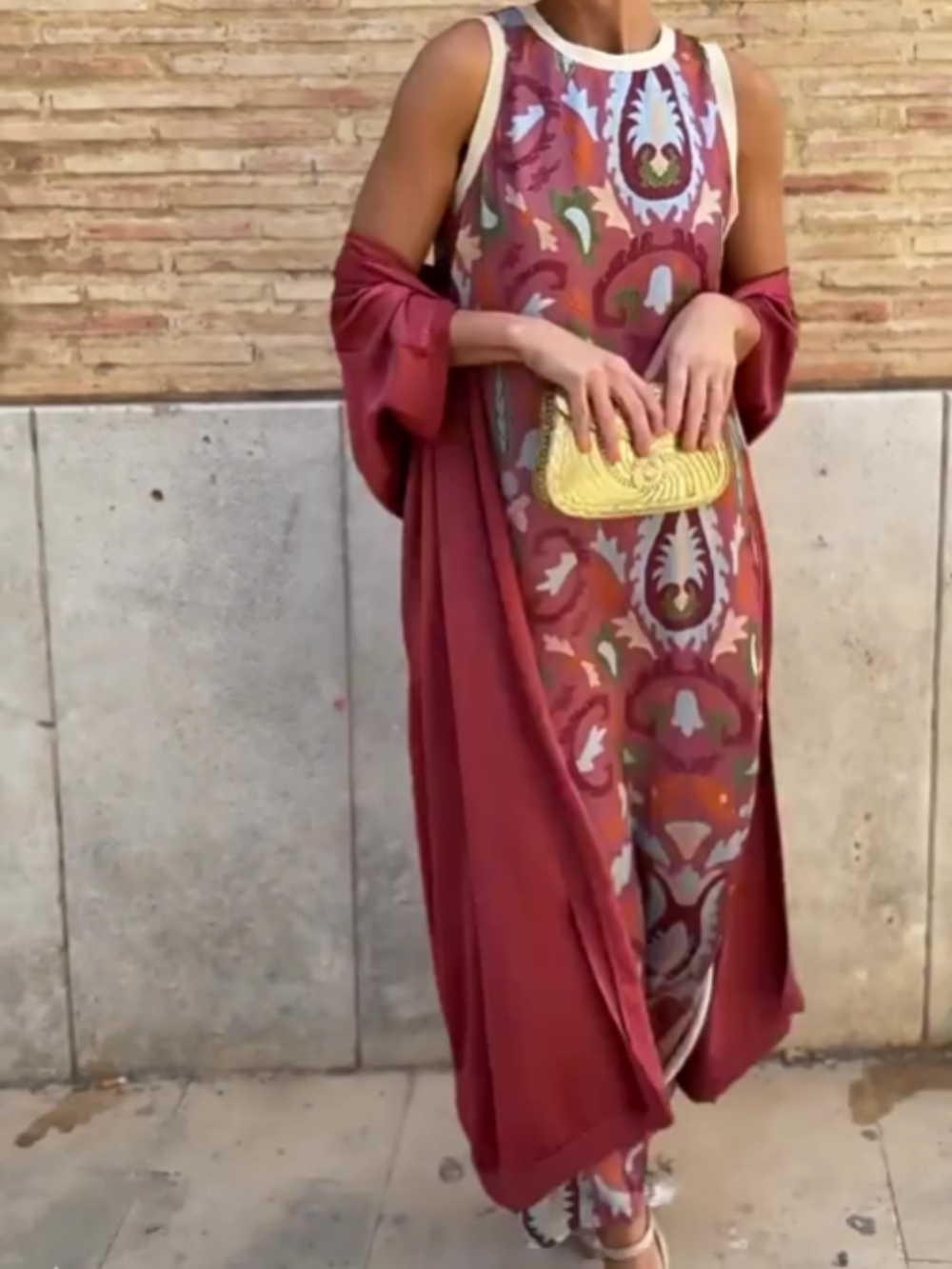 Elegant Printed Two-Piece Maxi Dress with Cape - Polyester Blend