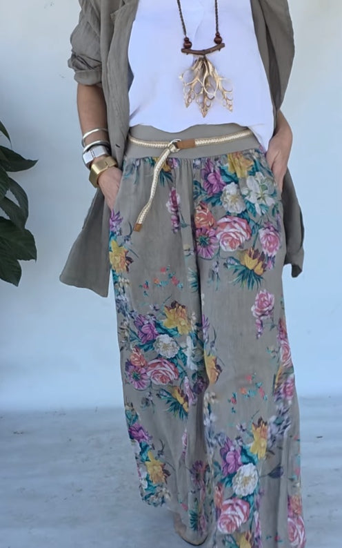 Stylish Green Jacket with Floral Print Wide-Leg Pants Set for Everyday Casual Wear