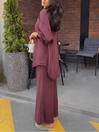 Elegant Long-Sleeved Tie-Drawstring Shirt and Skirt Set - Casual & Chic for Everyday & Vacation