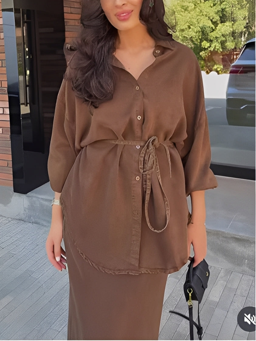 Elegant Long-Sleeved Tie-Drawstring Shirt and Skirt Set - Casual & Chic for Everyday & Vacation