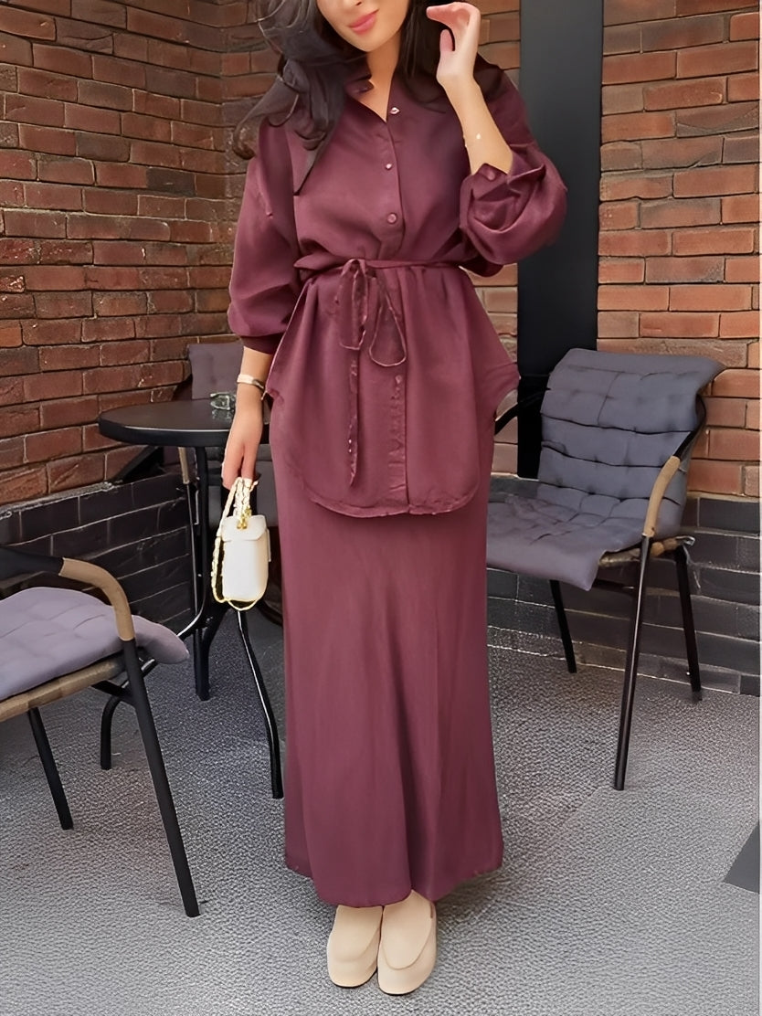 Elegant Long-Sleeved Tie-Drawstring Shirt and Skirt Set - Casual & Chic for Everyday & Vacation
