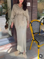 Elegant Long-Sleeved Tie-Drawstring Shirt and Skirt Set - Casual & Chic for Everyday & Vacation